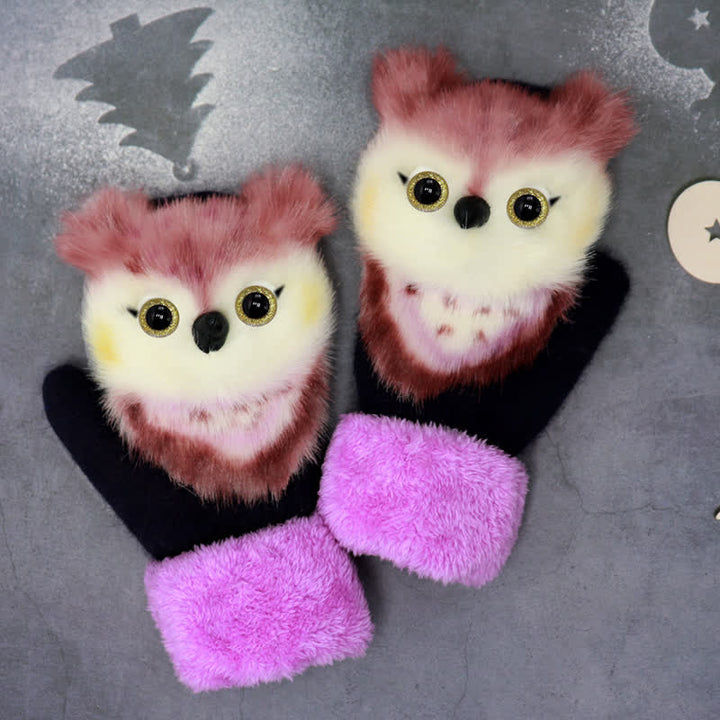 Women's Cute Animal Furry Mittens Gloves - Purple Owl - image 8