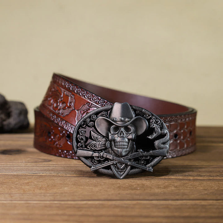 Men's DIY Skull With Cross Guns Buckle Leather Belt - Skull - Brown Carved Belt (40) - image 10