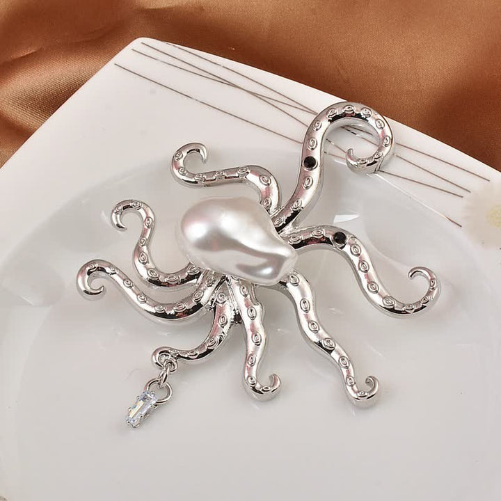 Unisex Tropic Octopus Large Pearl Brooch - Silver - image 0