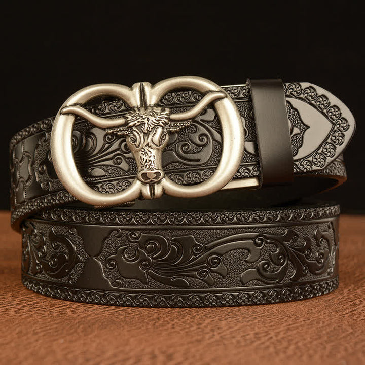 Men's Bull Head Buckle Leather Belt - Silver & Black - 46 - image 15