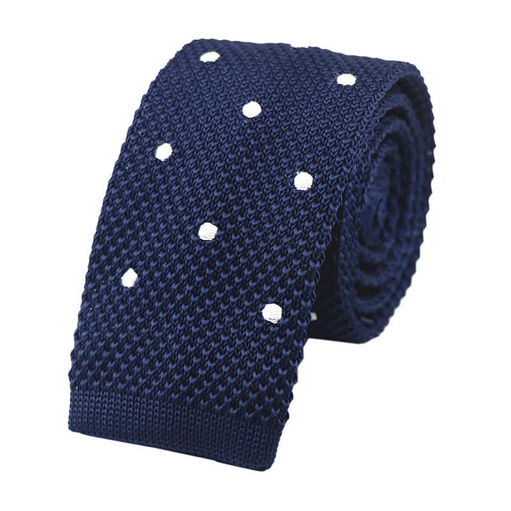 Men's White Polka Dot Knitted Necktie - Navy - image 7