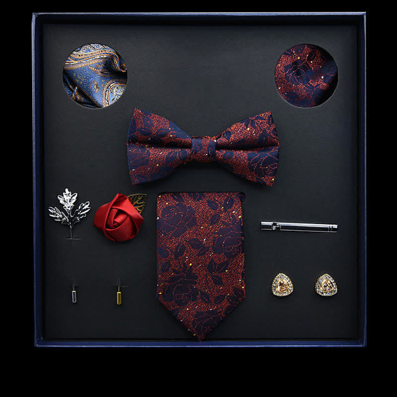 8Pcs Red&Blue Vintage Leaf Necktie Bow Ties Gift Box - Red&Blue - image 0