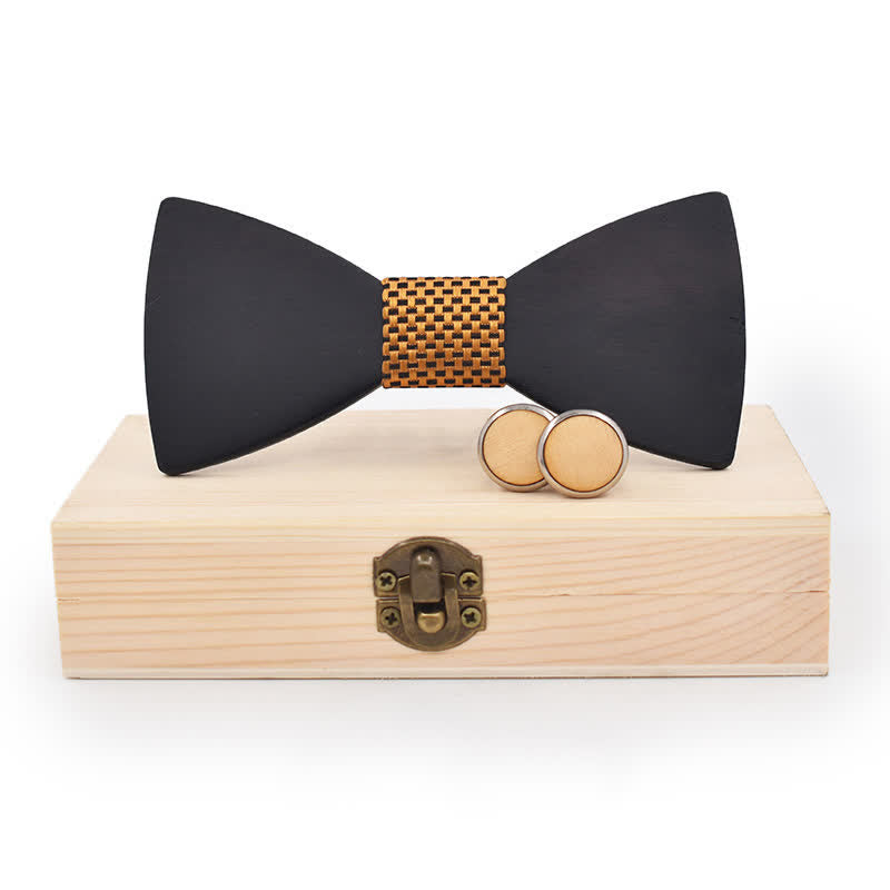 2Pcs Men's Black Wooden Bow Tie Cufflinks Set - Gold Weave - image 0