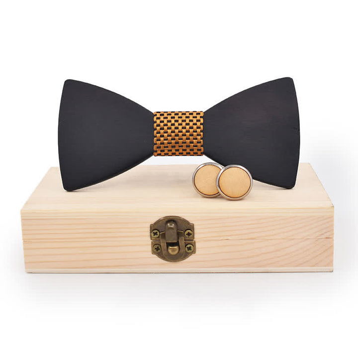 2Pcs Men's Black Wooden Bow Tie Cufflinks Set - Gold Weave - image 0