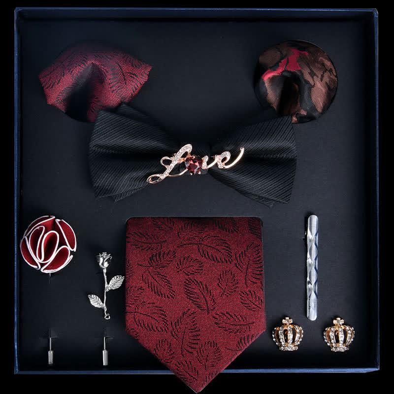 8Pcs Black&DarkRed Luxury Noble Print Bow Ties Gift Box - Black&DarkRed - image 0