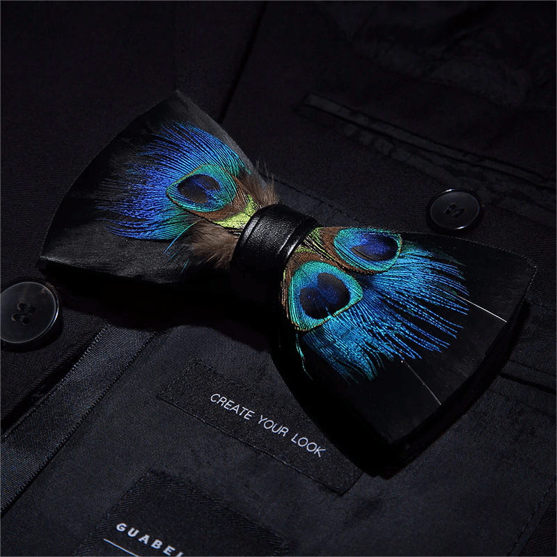 Black & Blue Peacock Eye Feather Bow Tie with Lapel Pin - image 1
