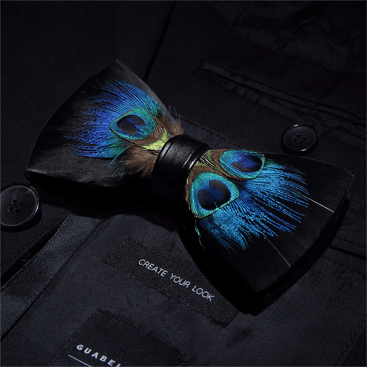 Black & Blue Peacock Eye Feather Bow Tie with Lapel Pin - image 1