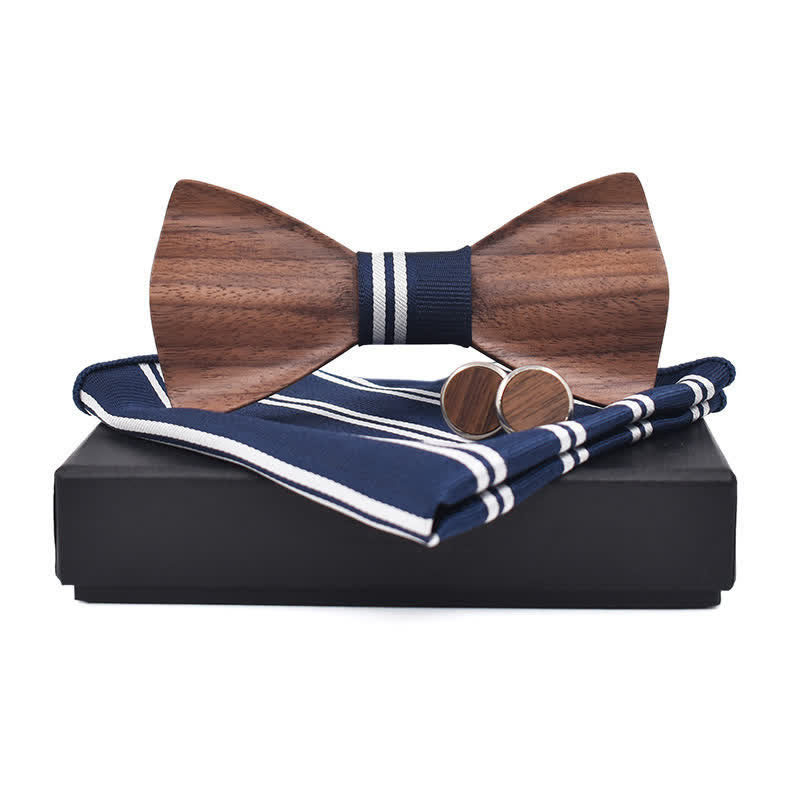 3Pcs Men's Black Walnut Wooden Bow Tie Set - Navy Blue - image 7