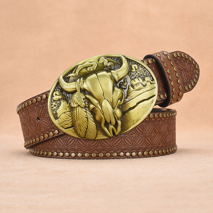 Men's Bull Head Buckle Rivet Decor Leather Belt - image 11