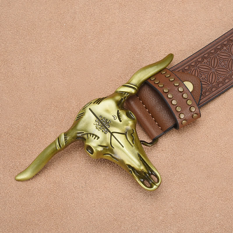 Men's Western Cattle Head Rivet Embossed Leather Belt - image 3