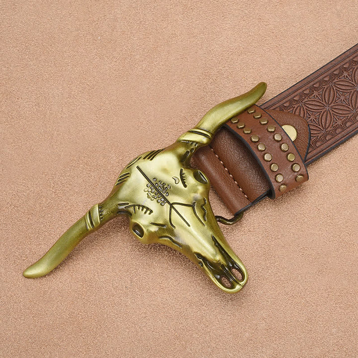Men's Western Cattle Head Rivet Embossed Leather Belt - image 3