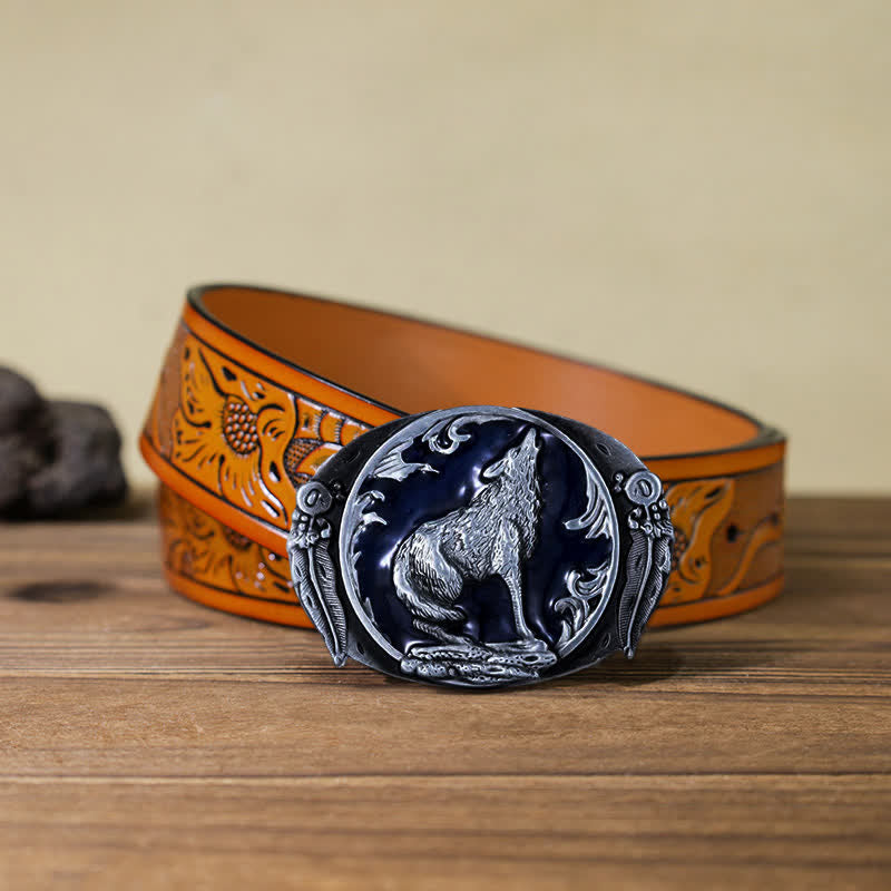 Men's DIY Enamel Domineering Howling Wolf Buckle Leather Belt - Blue - Orange Carved Belt (40) - image 24