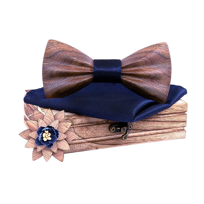 3Pcs Men's Hand Carved Crease Wooden Bow Tie Set - Walnut - Navy - image 10