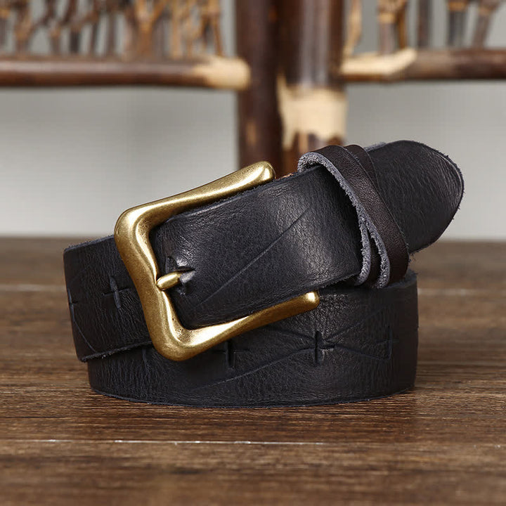 Men's Vintage Carving Crack Leather Belt - Black - 44 - image 8