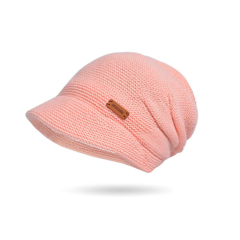 Women's Letter Patched Wide Brim Pile Knitted Hat - Pink - Adjustable (Approx. 21 5/8"-23 5/8") - image 6