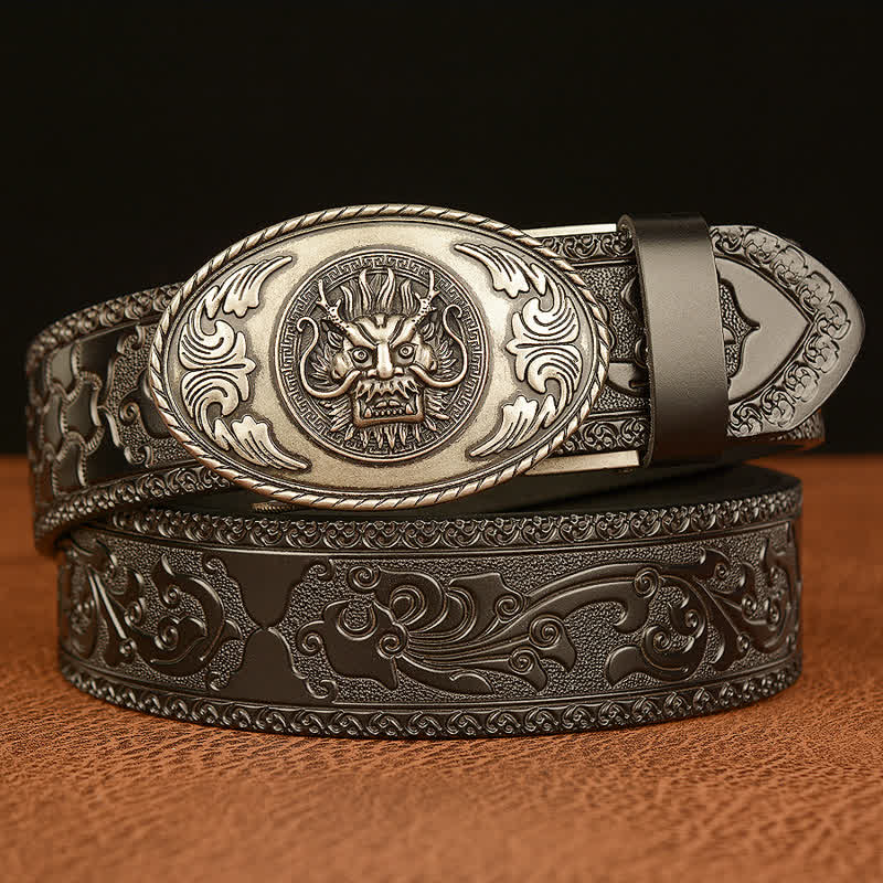 Men's Dragon Elliptical Buckle Leather Belt - Silver & Black - 46 - image 16