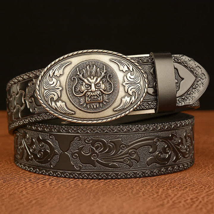Men's Dragon Elliptical Buckle Leather Belt - Silver & Black - 46 - image 16