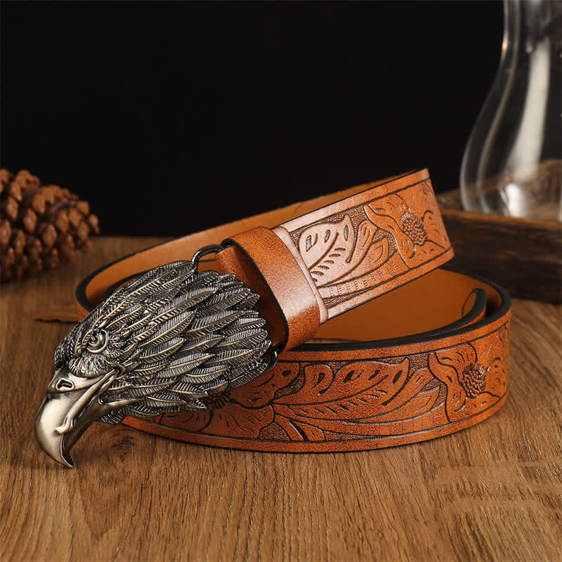 Men's Eagle Head Realistic Vulture Western Leather Belt - Brown #1 / Silver - 42 - image 0