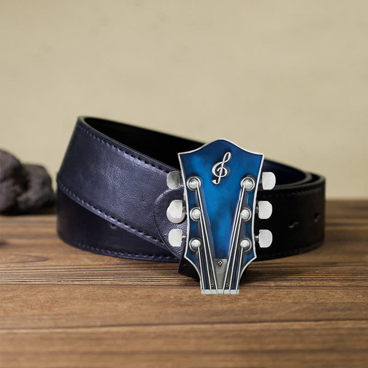 Men's DIY Musical Guitar Headstock Buckle Leather Belt - Blue - Black PU Belt (40) - image 7