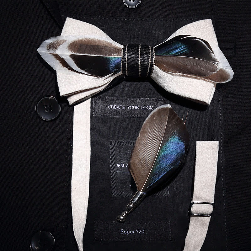 White Mallard Duck Feather Bow Tie with Lapel Pin - White - image 0