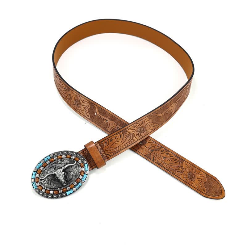 Men's Western Cowboy Turquoise Bull Leather Belt - image 2