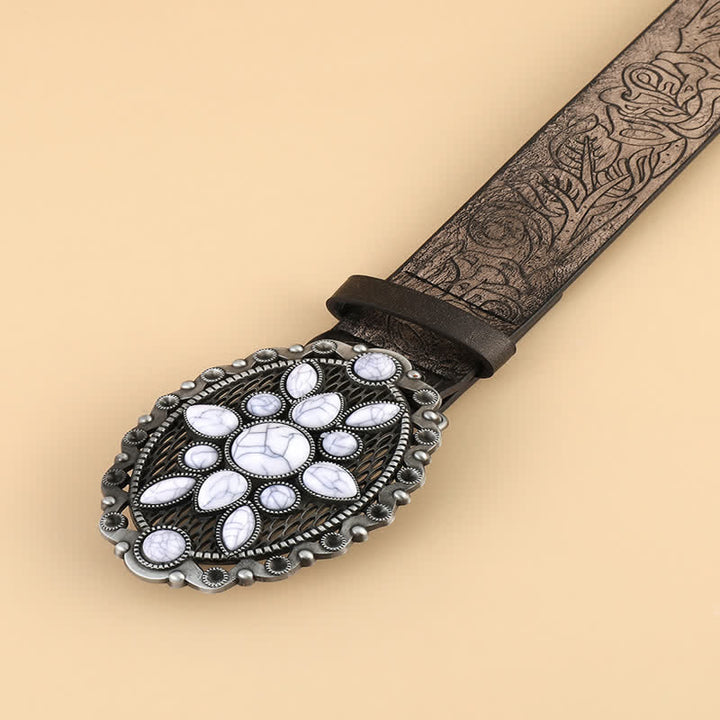 Women's Ethnic White Gem Embossed Leather Belt - image 2