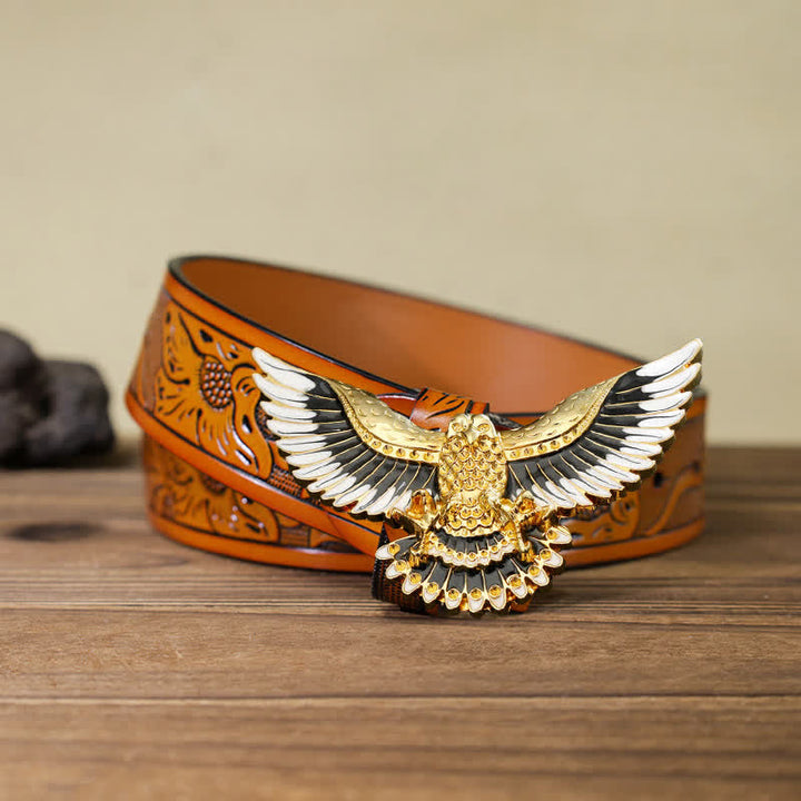 Men's DIY Golden Eagle Spread Wings Buckle Leather Belt - Eagle - Orange Carved Belt (40) - image 16