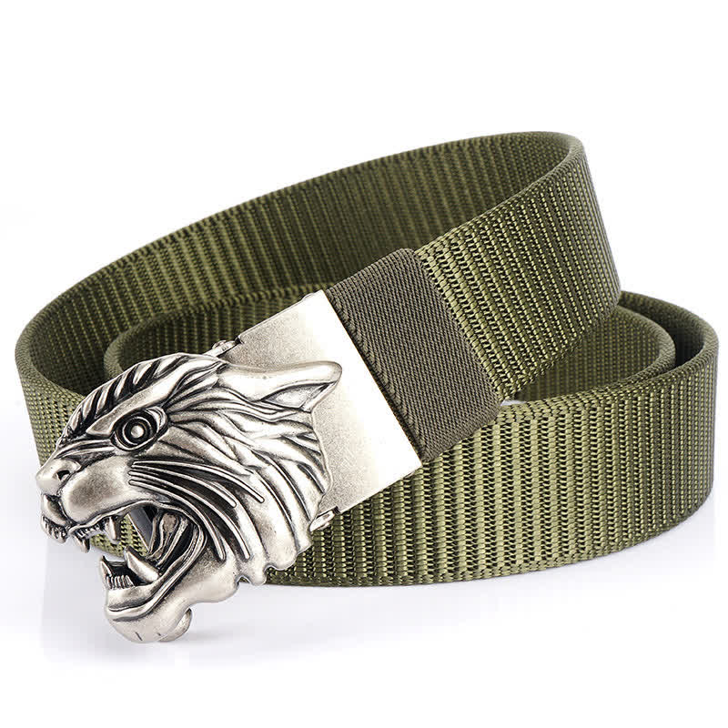 Men's Roaring Tiger Head Nylon Belt - Army Green / Silver - 48" - image 17