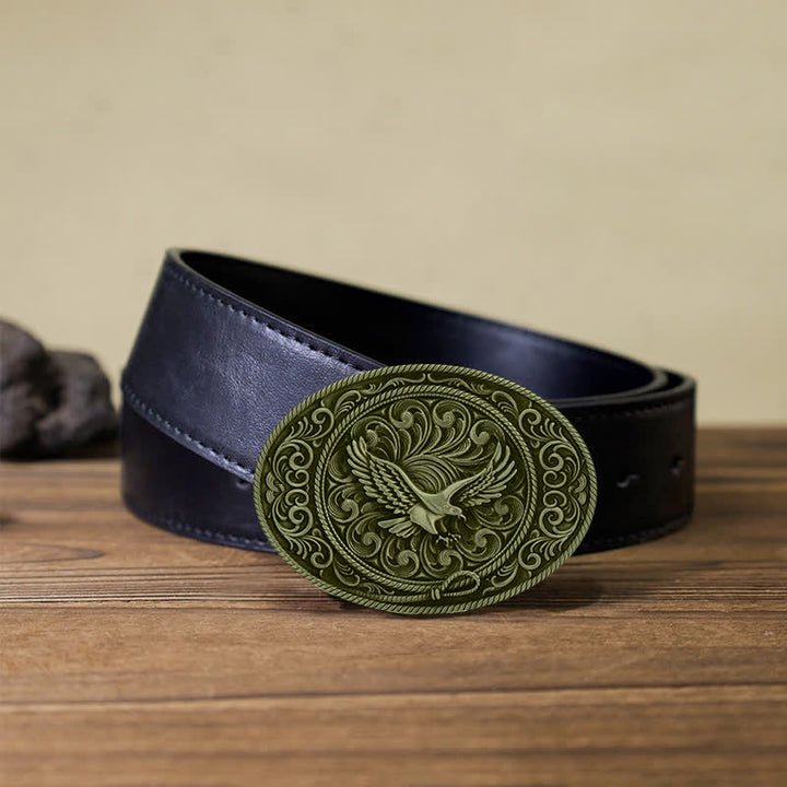 Men's DIY Soaring Eagle Engraved Floral Buckle Leather Belt - Antique Bronze - Black PU Belt (40) - image 5