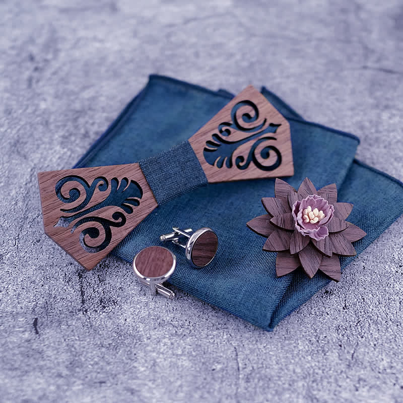 4Pcs Men's Hollow Flower Pattern Wooden Bow Tie Set - image 5