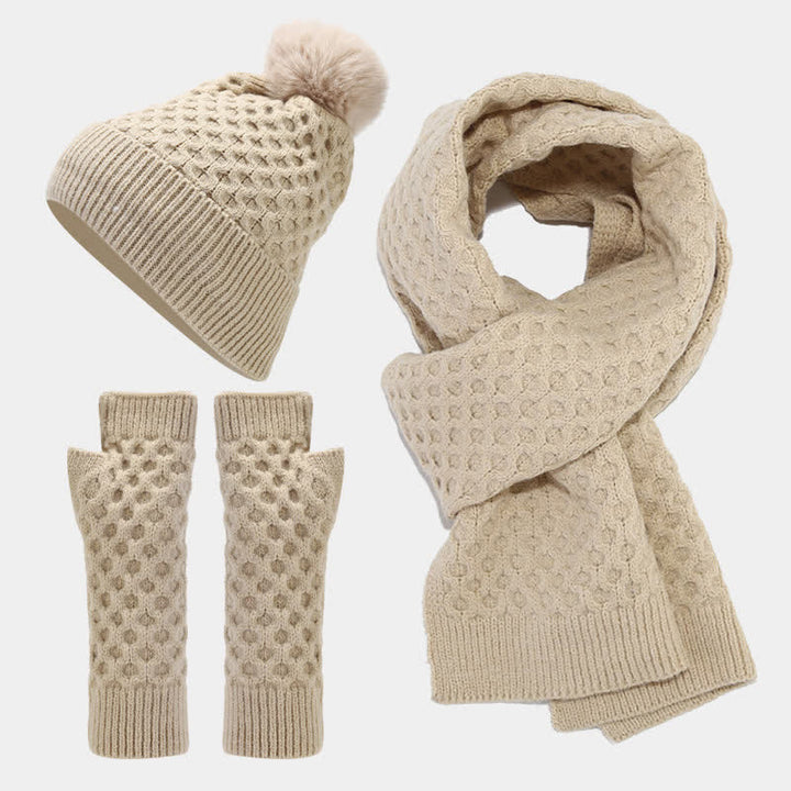 3Pcs Women's Criss Cross Knit Hat Scarf Gloves Set - Ivory - Adjustable (22"-22 7/8") - image 0