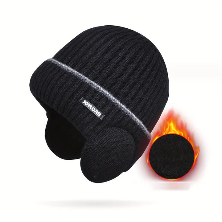 Unisex Solid Color Earflap Elastic Thickened Knit Hat - Black - Adjustable (21 5/8"-23 5/8") - image 11