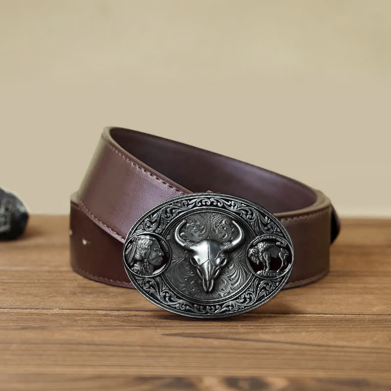 Men's DIY Typical Western Skull Buckle Leather Belt - Bull - Brown PU Belt (40) - image 9