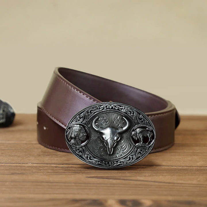 Men's DIY Typical Western Skull Buckle Leather Belt - Bull - Brown PU Belt (40) - image 9