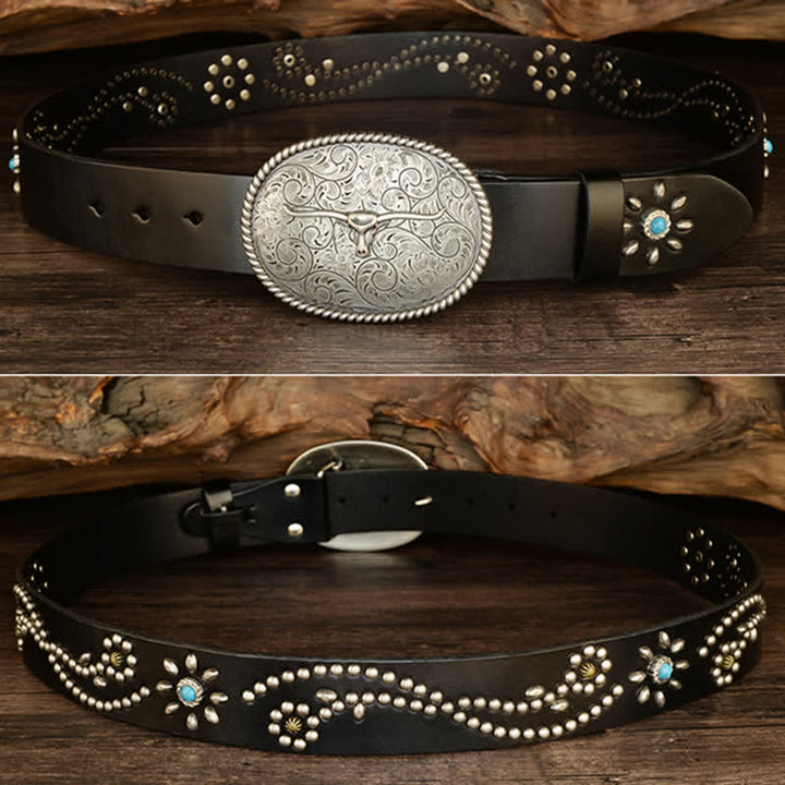 Men's Punk Rivet Longhorn Bull Turquoise Real Leather Belt - image 5
