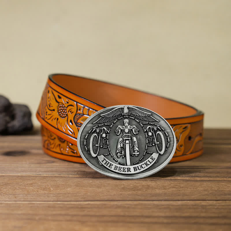 Men's DIY Bicycle Rider Creative Beer Holder Buckle Leather Belt - Silver - Orange Carved Belt (40) - image 32