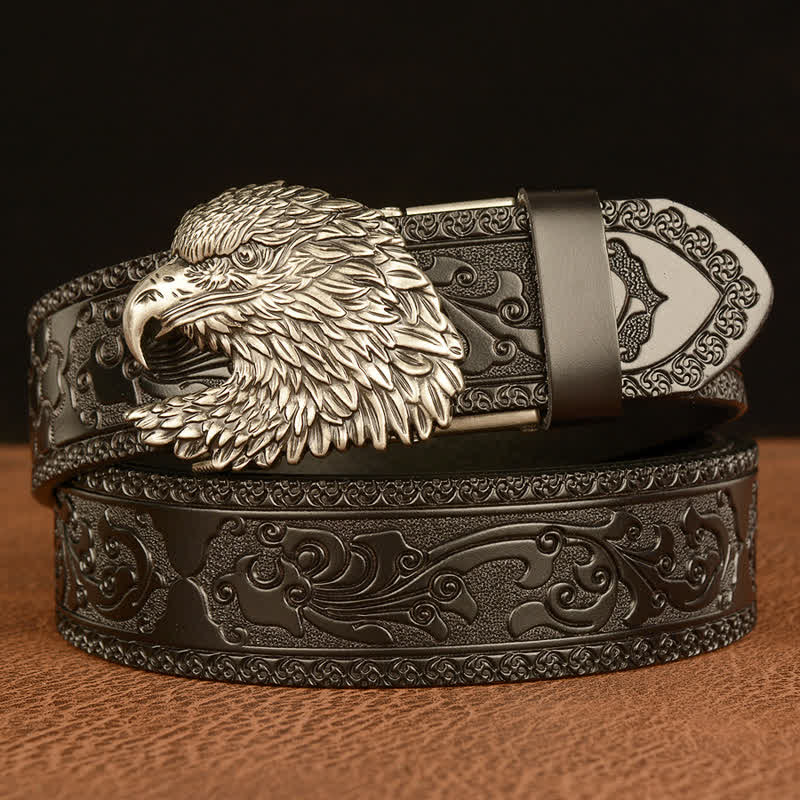 Men's Three-dimensional Eagle Head Leather Belt - Silver & Black - 46 - image 15