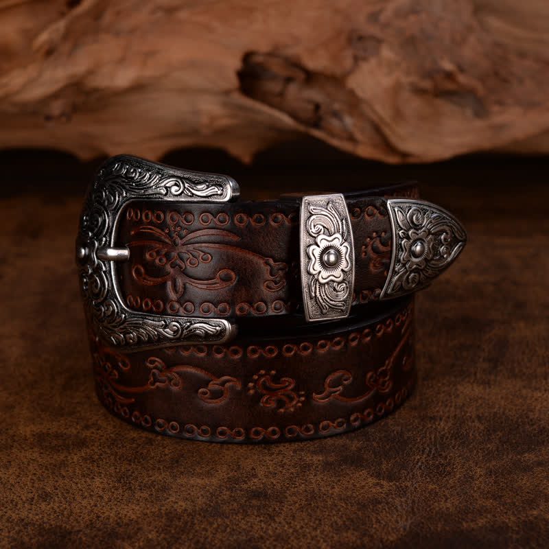 Unisex Rustic Texture Flower Printing Leather Belt - Coffee - 44 - image 5