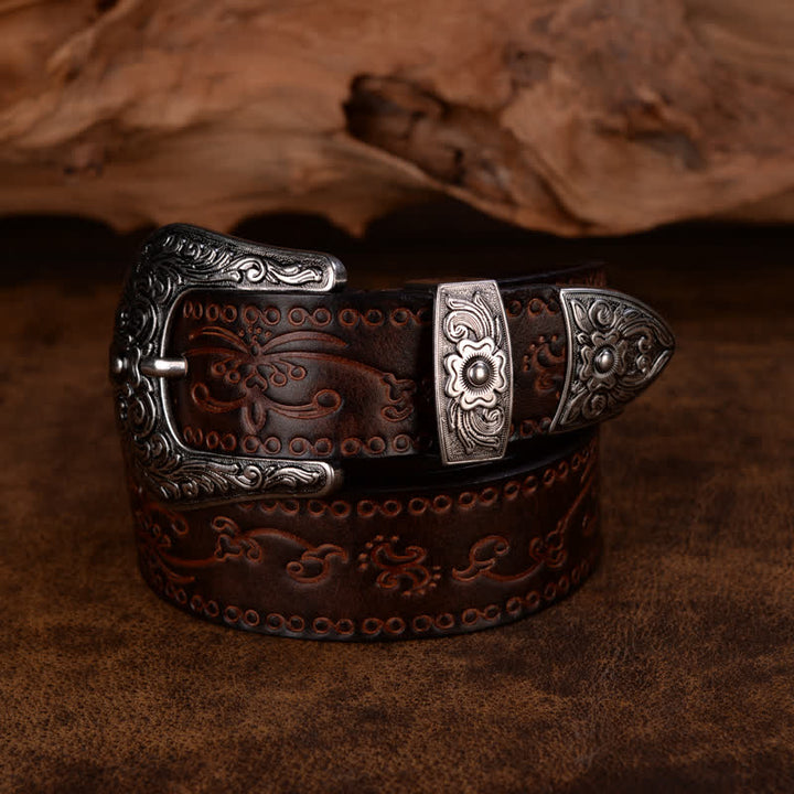 Unisex Rustic Texture Flower Printing Leather Belt - Coffee - 44 - image 5