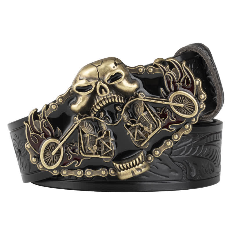 Men's Gothic Motorcycle Ghost Head Leather Belt - Black / Gold - 46 - image 5