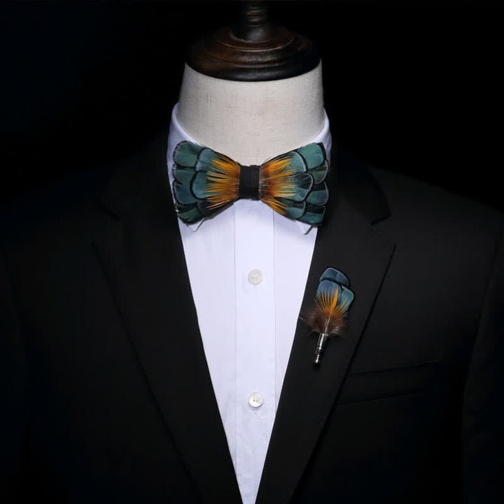 Kid's Green & Orange Sunflower Feather Bow Tie with Lapel Pin - image 3