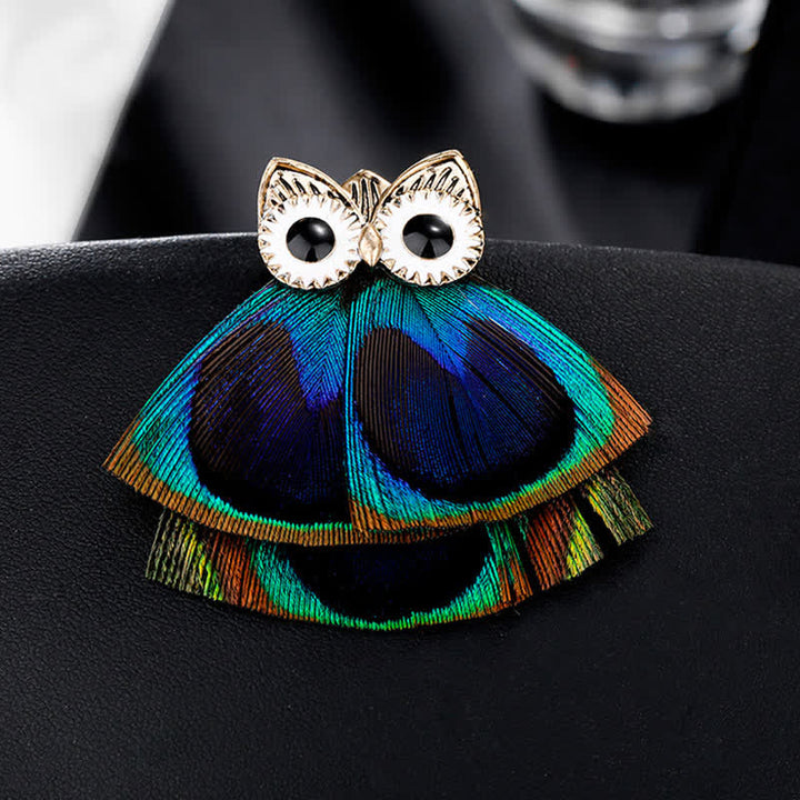 Women's Lovely Owl Peacock Feather Brooch - Owl - image 0