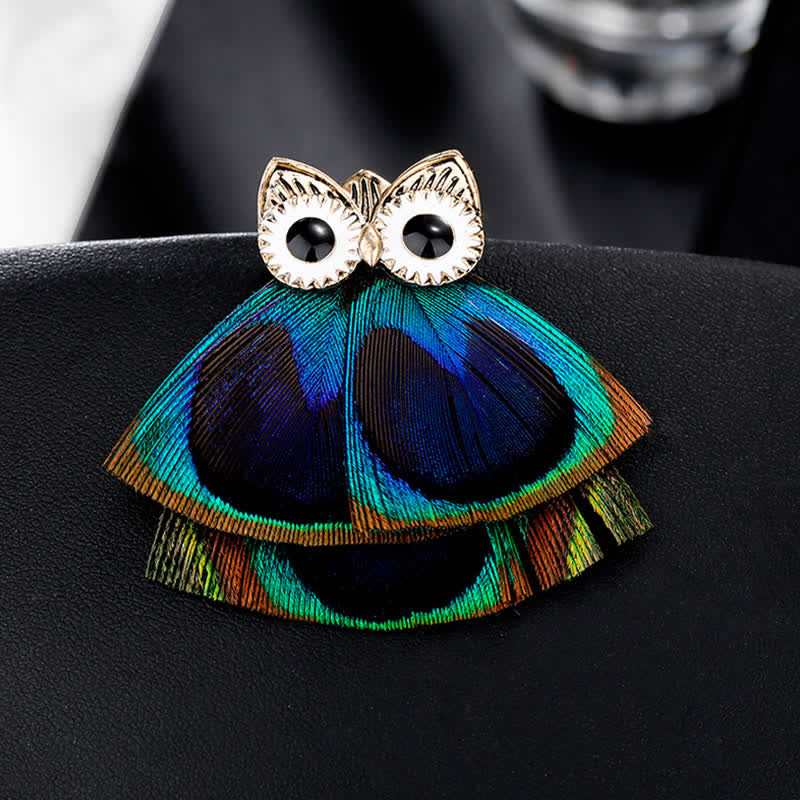 Women's Lovely Owl Peacock Feather Brooch - Owl - image 0