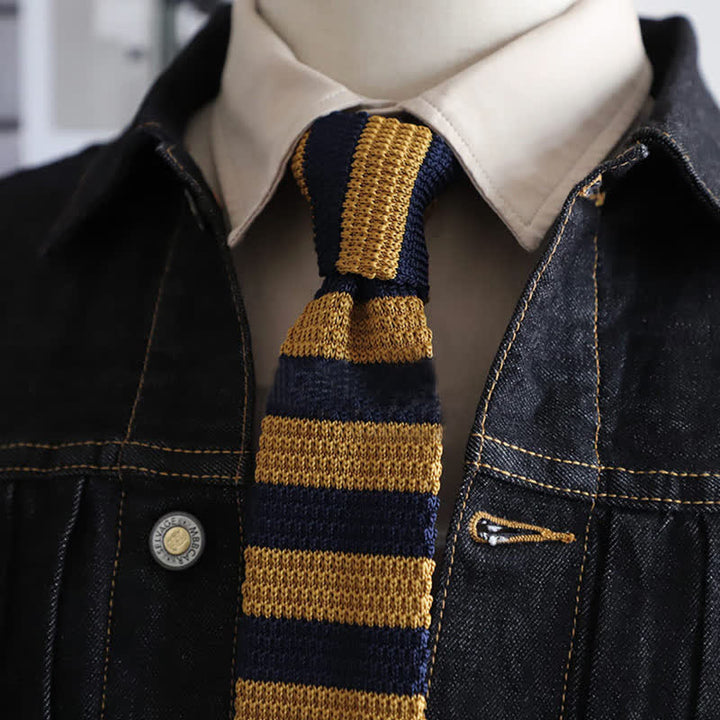 Men's Autumn Horizonal Striped Knitted Necktie - Goldenrod & Navy - image 4