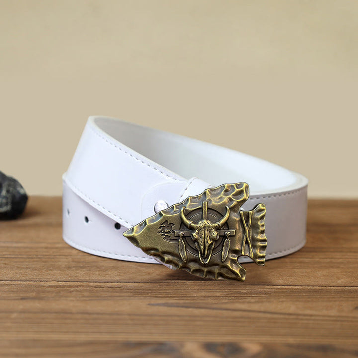 Men's DIY Arrowhead Shaped Bull Buckle Leather Belt - Antique Bronze - White PU Belt (40) - image 9