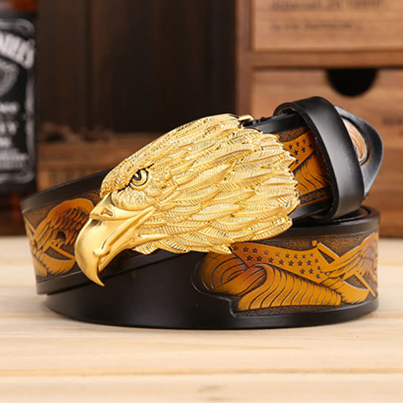 Men's Sharp Eyes 3D Vulture Head Eagle Buckle Leather Belt - Black / Gold - 46 - image 7