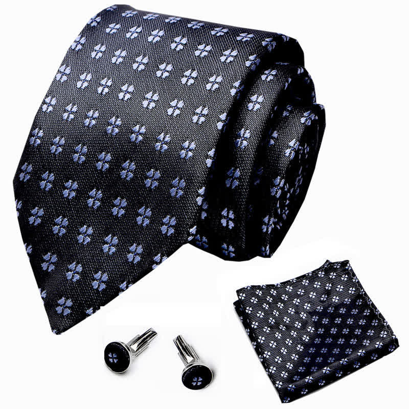 3Pcs Men's Black & Blue Lucky Clover Necktie Set - image 1