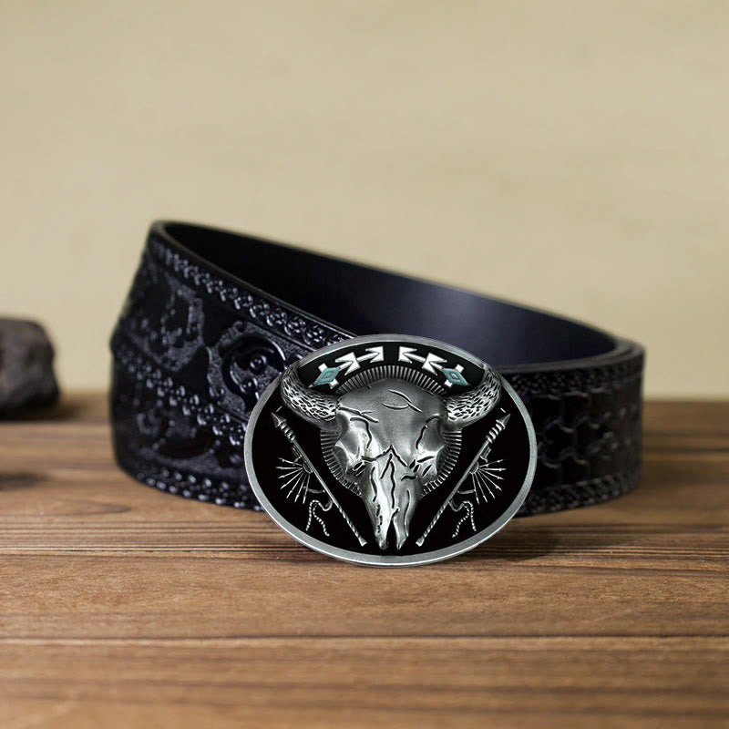 Men's DIY Indian Theme Bull Skull Buckle Leather Belt - Black - Black Carved Belt (40) - image 11