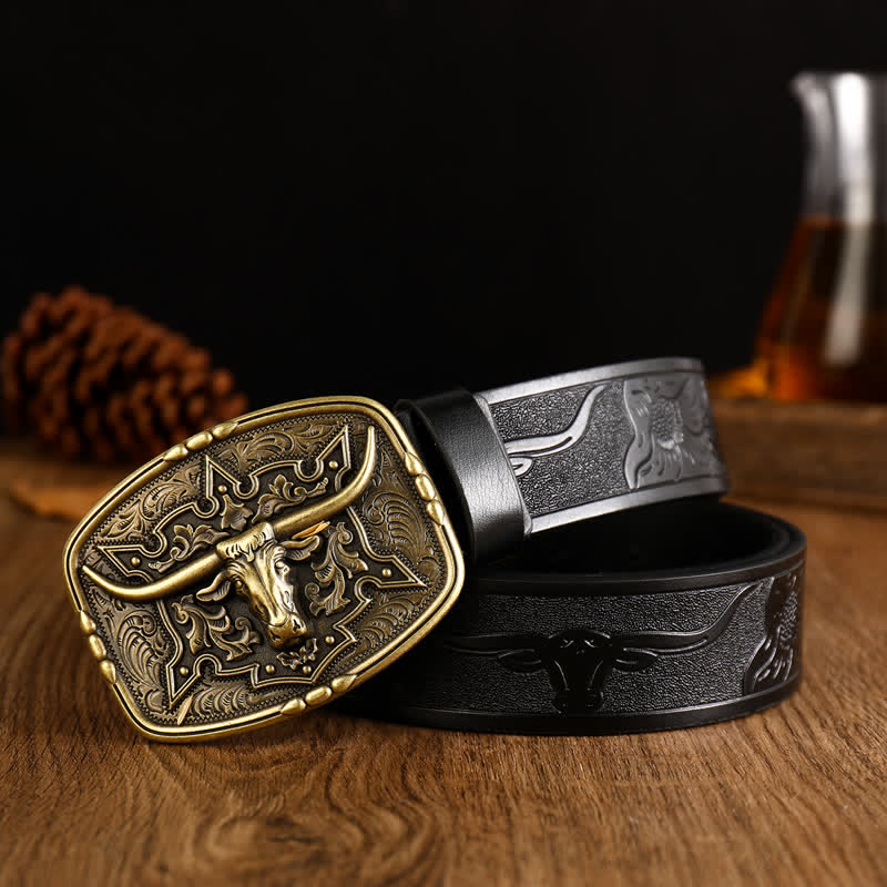 Men's Western Style Cow Head Printed Leather Belt - Black / Gold - 38 - image 5