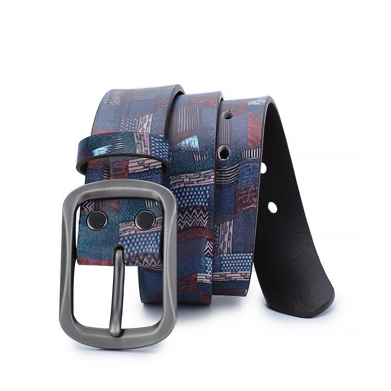 Navy Blue Splicing Graffiti Pattern Genuine Leather Belt - image 1